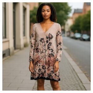 Boohoo Tan and Black Long Sleeve‎ V-Neck Sheath Dress
